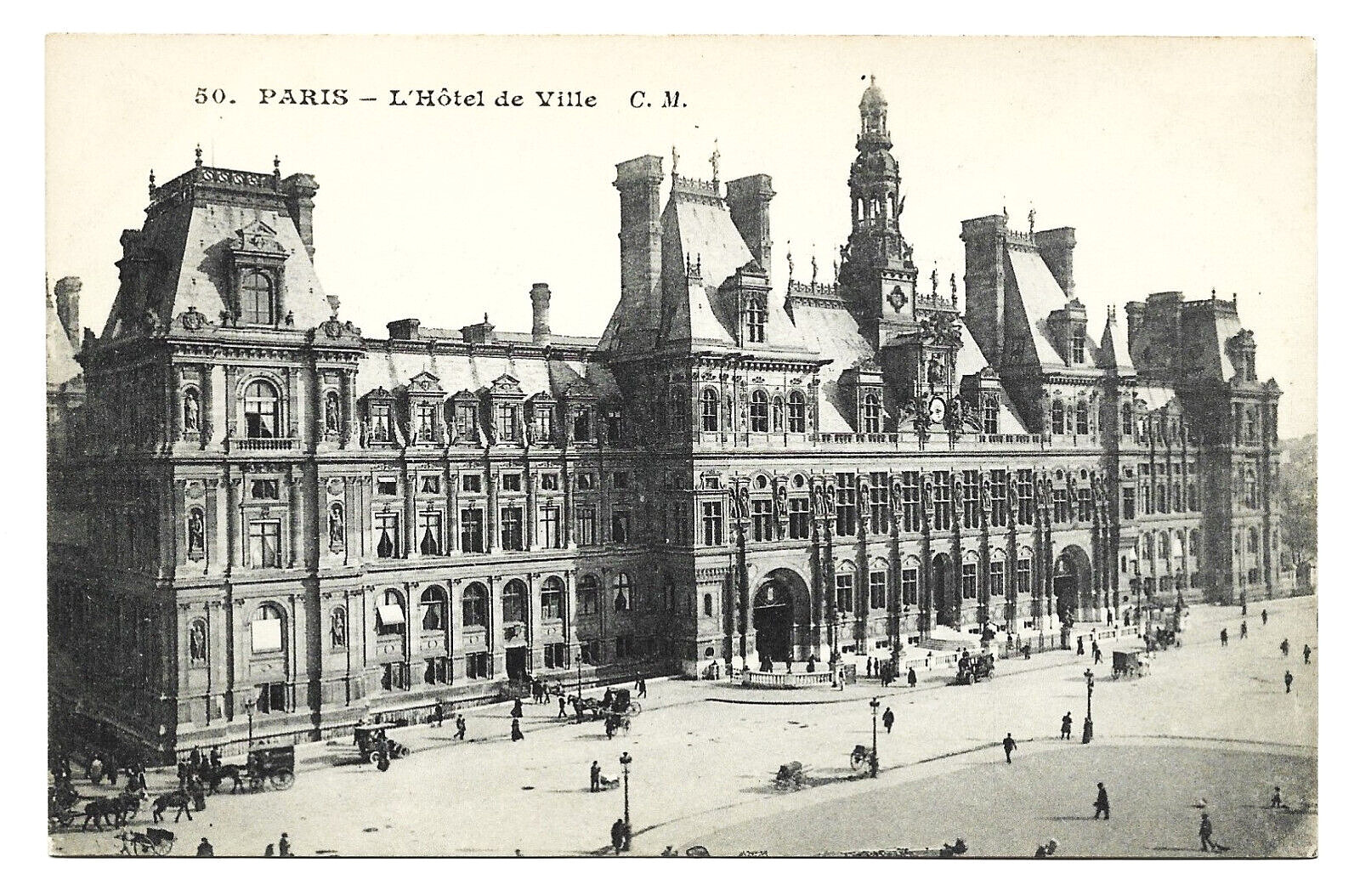 PARIS L'Hotel de Ville Building Horse Carriages French Street France Postcard