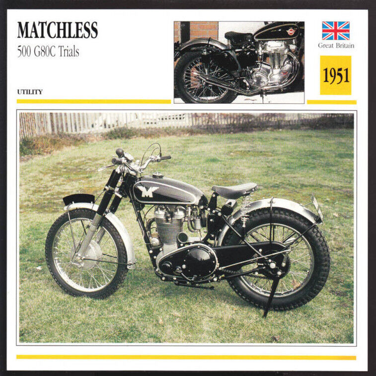 1951 Matchless 500cc G80C Trials Race Motorcycle Photo Spec Sheet Info Stat Card