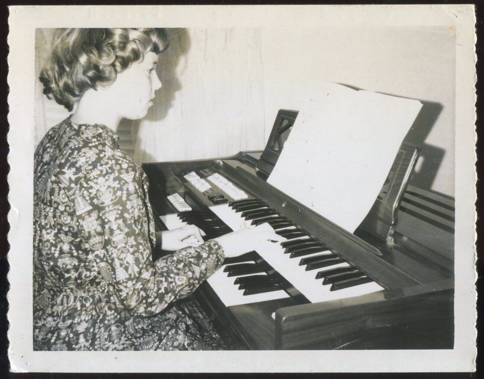 FOUND PHOTO Girl Playing Church Style Organ Piano B&W 1960s Snapshot VTG