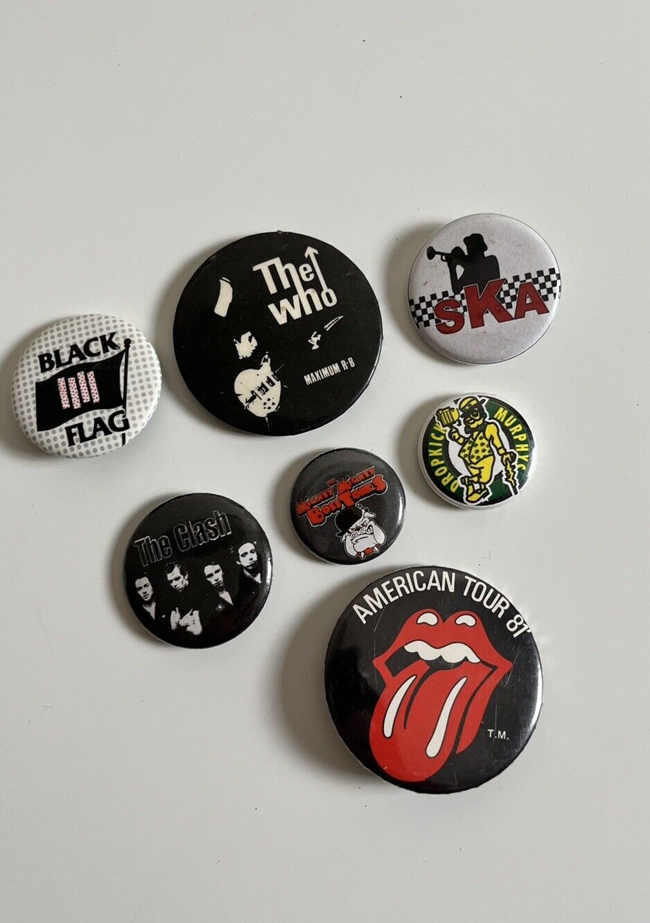 Vintage 80s Button Pin Lot Of 7 Rock N Roll Ska Rolling Stones Black Flag 