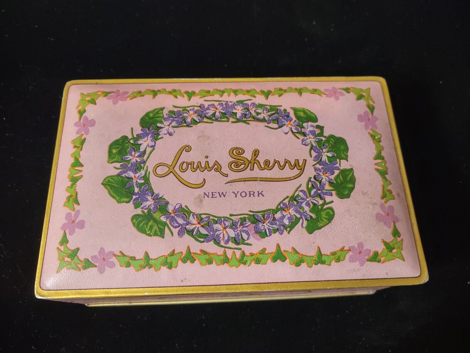 Vintage Louis Sherry New York Tin Litho Pink Candy Box by Canco, 6.25x 4x 2.25\