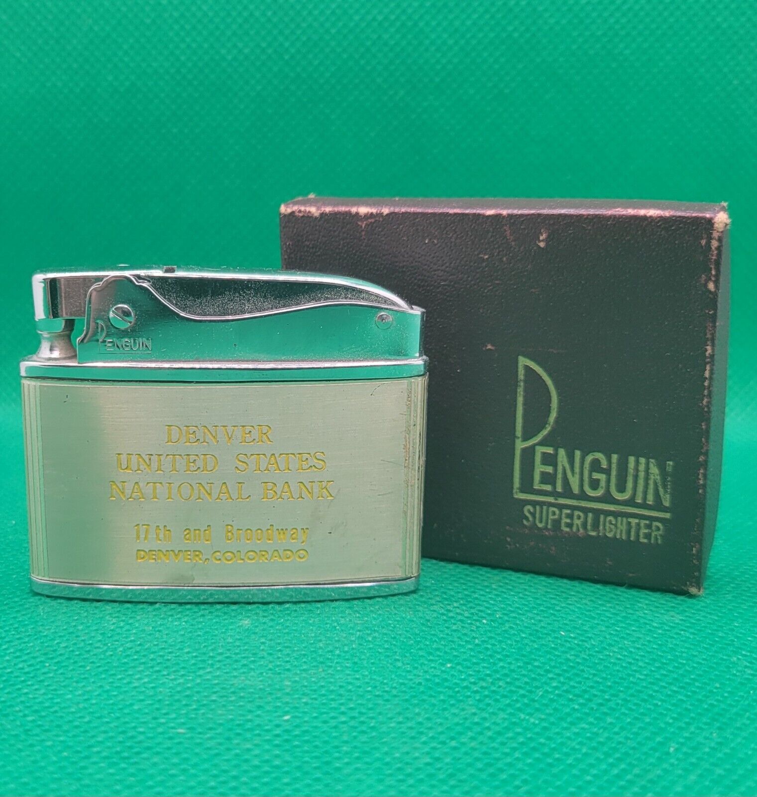 Vintage 1950s Penguin Denver United States National Bank Lighter w/ Box