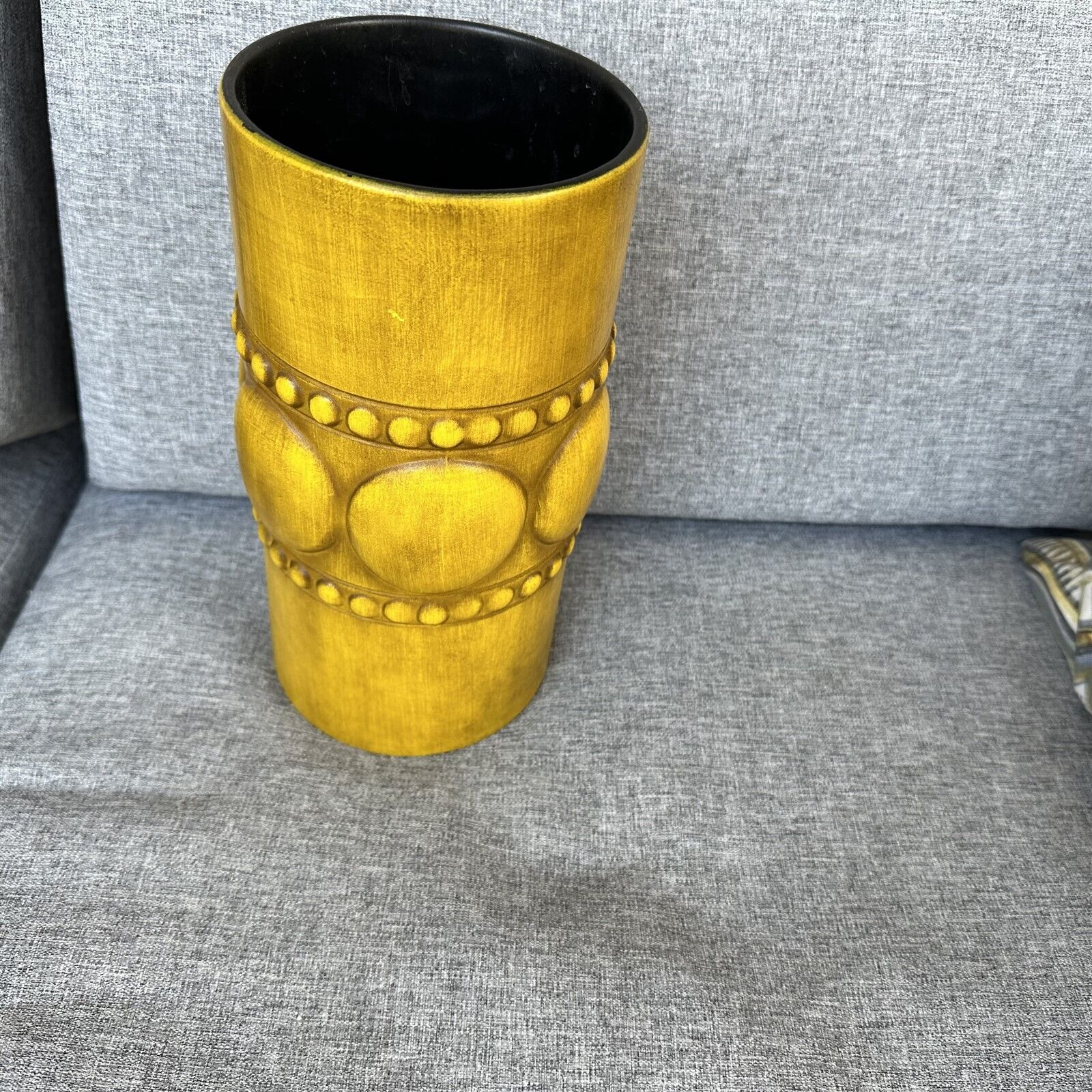 Vintage Vase 70\'s Style Mustard Yellow Geometric Circle Cylinder 10\