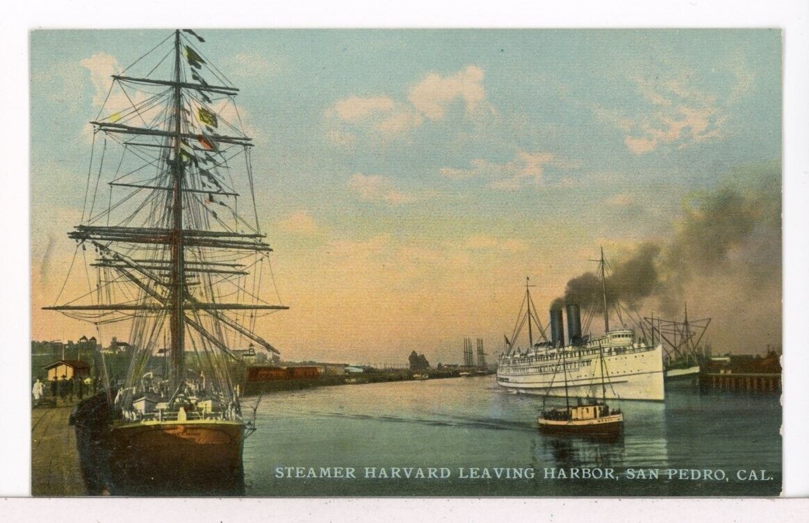 SS HARVARD Pacific Navigation Co. Leaving San Pedro CA 1907-15 Postcard