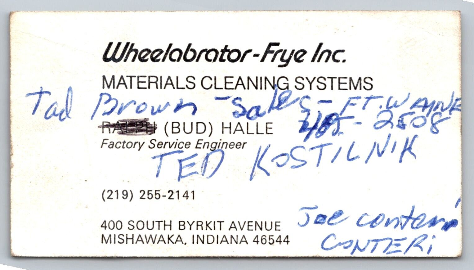 Vintage Business Card Wheelabrator Frye Inc Materials Cleaning Mishawaka IN