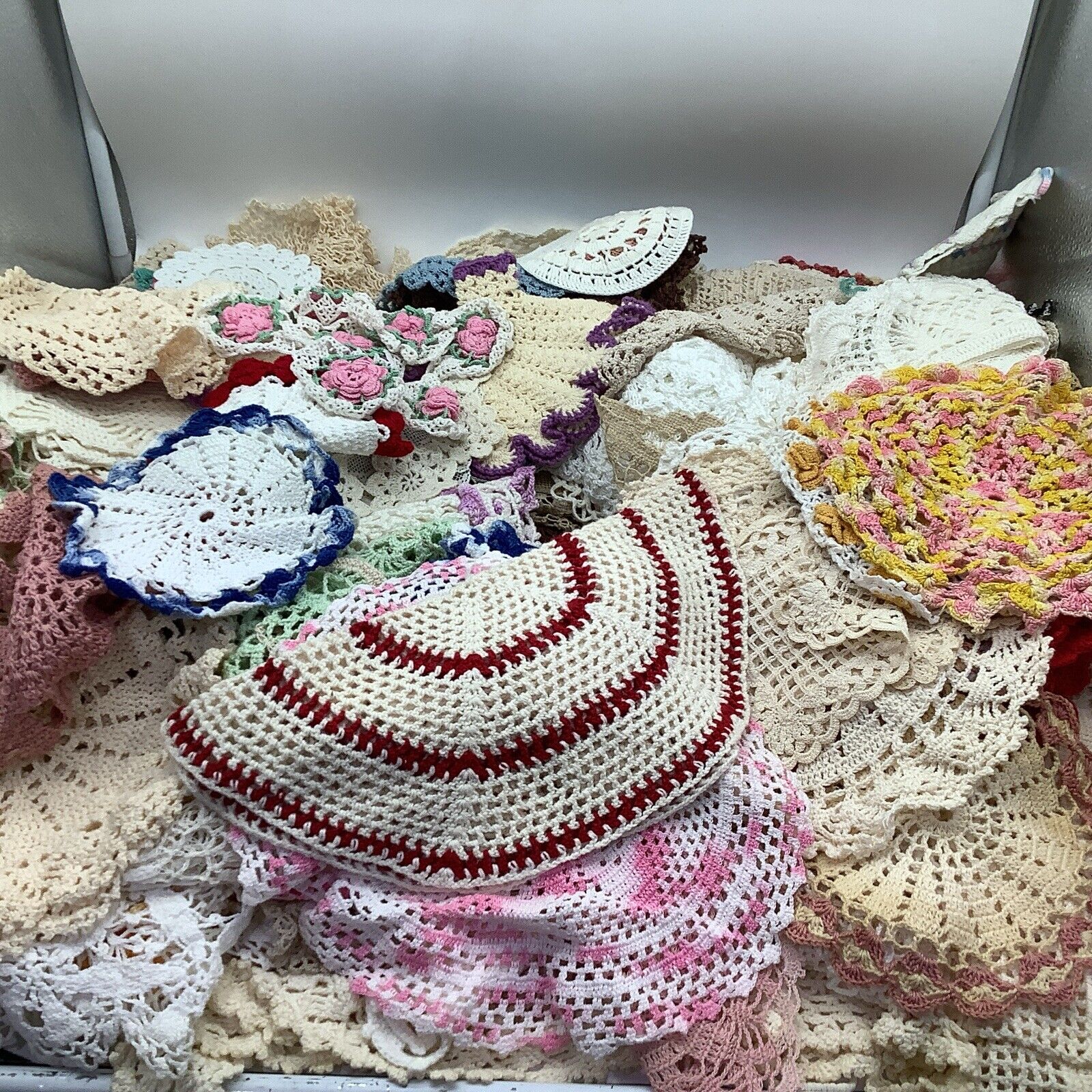 HUGE Lot Vintage Handmade Crochet Dollies 131 PC Variety Of Size, Color, Designs