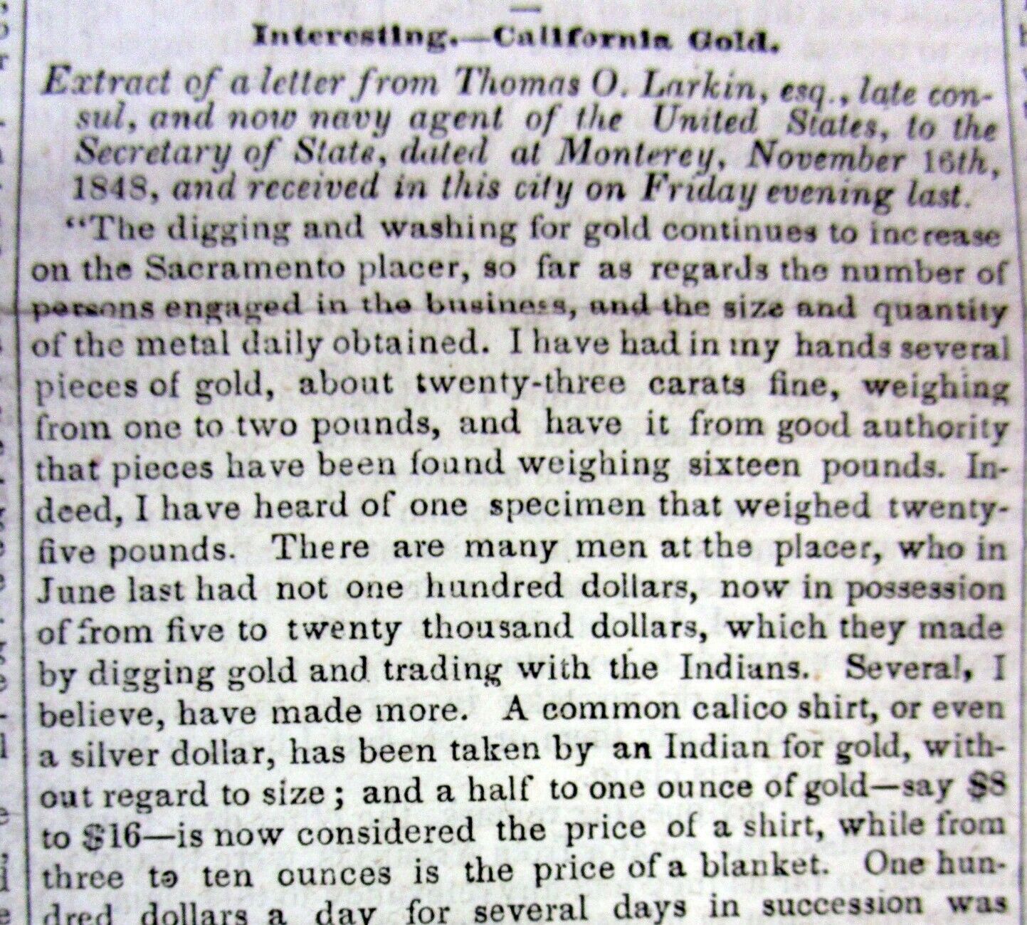 2 1849 newspapers GOLD IS DISCOVERED in CALIFORNIA & the CA GOLD RUSH BEGINS