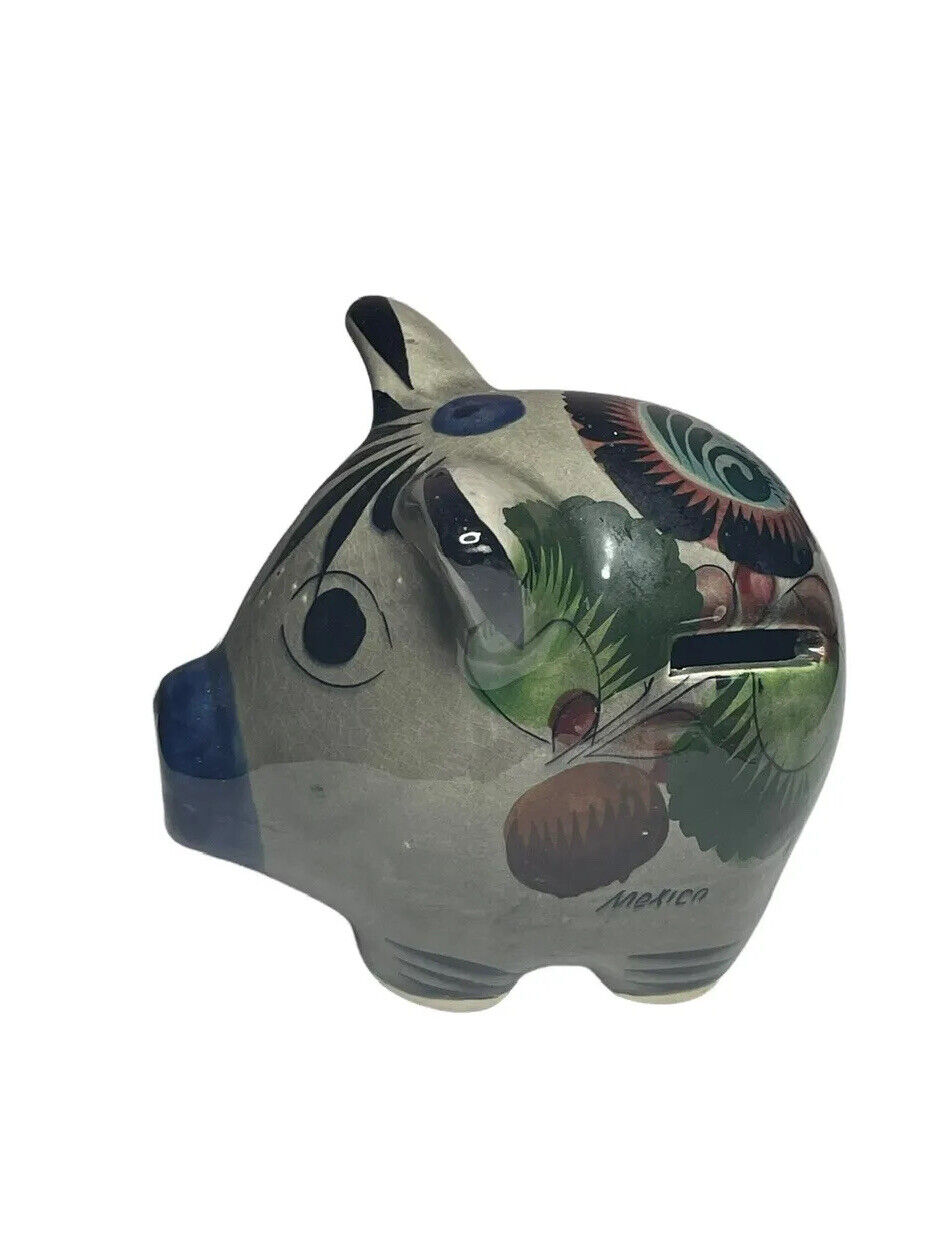 Mexican Tonala Pottery Piggy Bank Hand Painted Folk Art Gray Break Open 4.5”