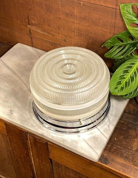 Vintage Glass Drum Ceiling Light Fixture Art Deco White and Clear