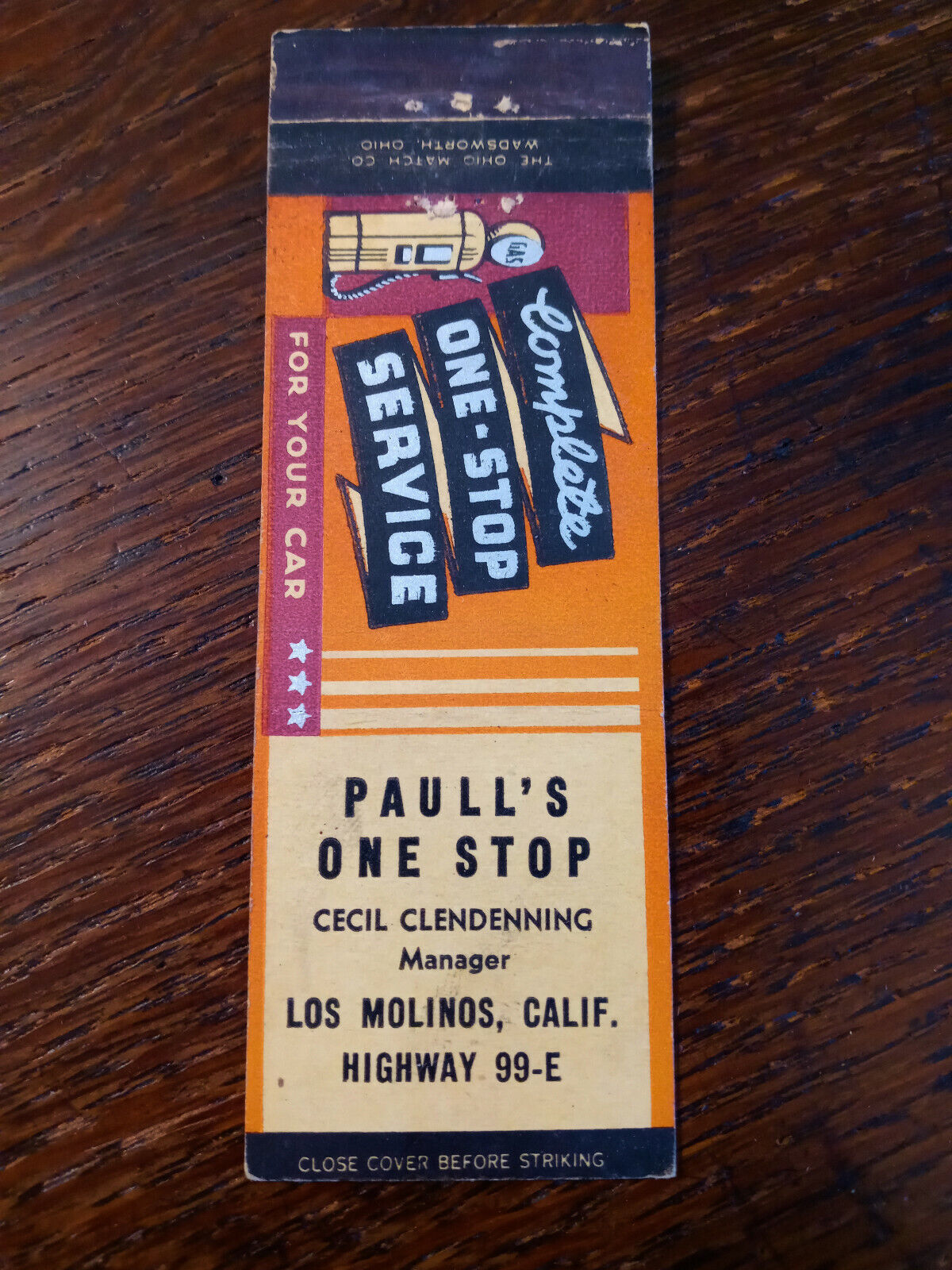 Vintage Matchcover: Paull\'s One-Stop Gas Service Station, Los Molinos, CA