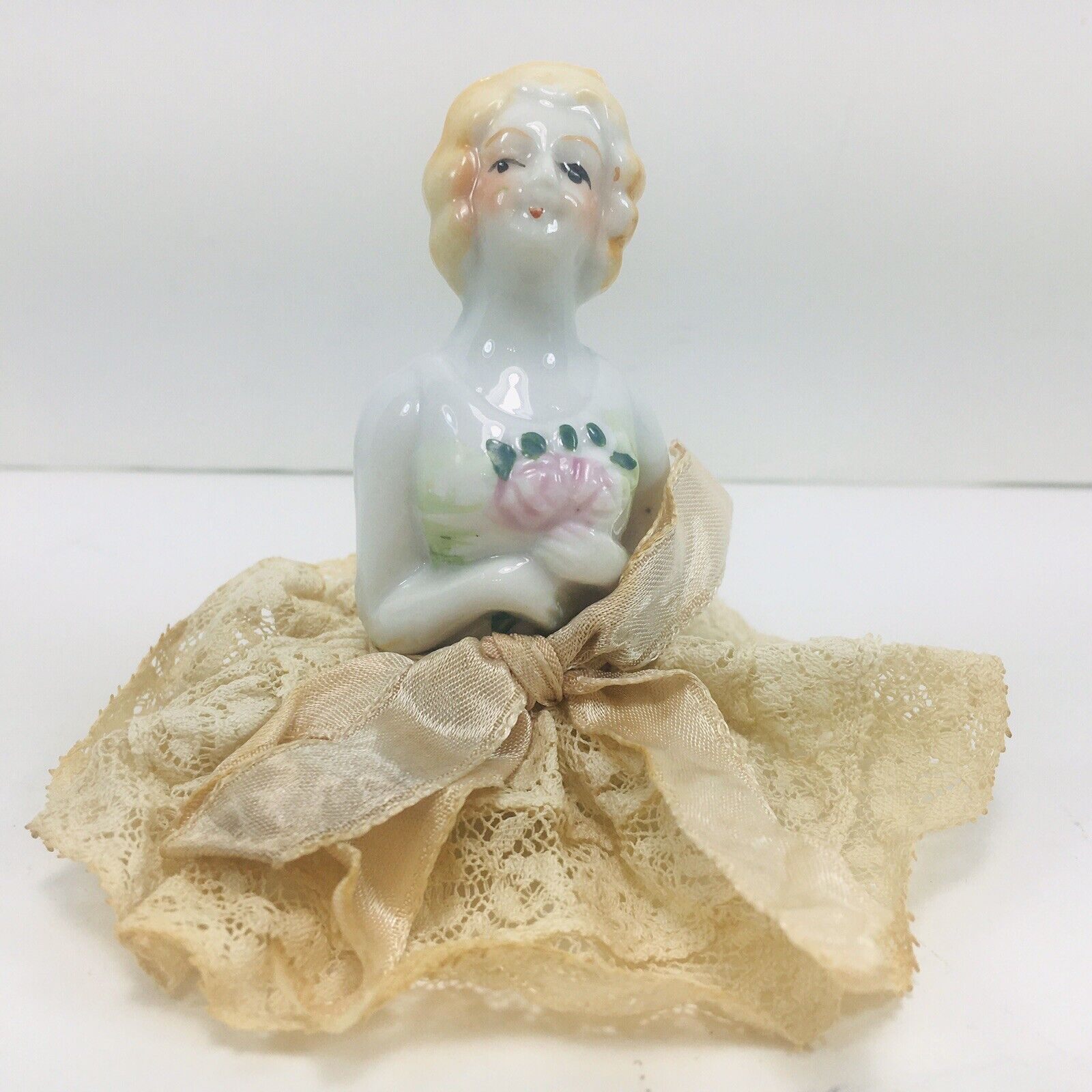 Vintage Antique Pin Cushion Porcelain Doll Satin & Lace