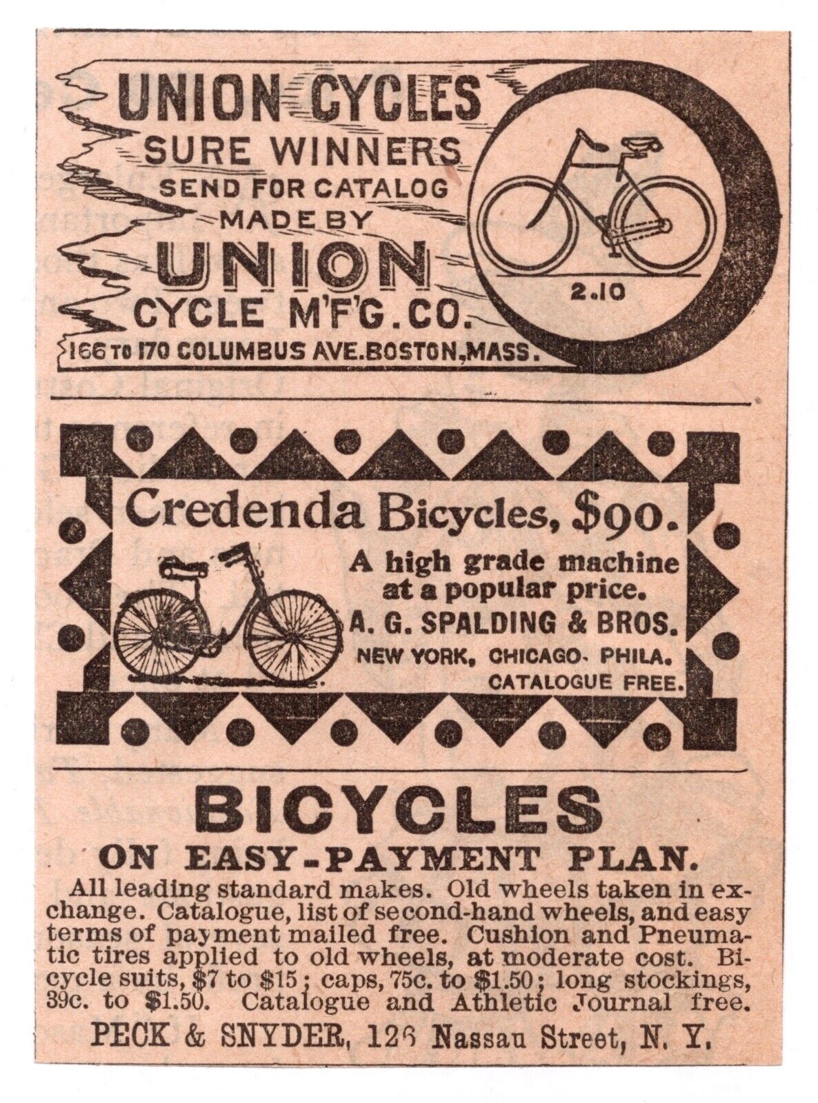 c1880s Union Cycles Credenda Bicycles Peck & Snyder Bikes Antique Art Print Ad