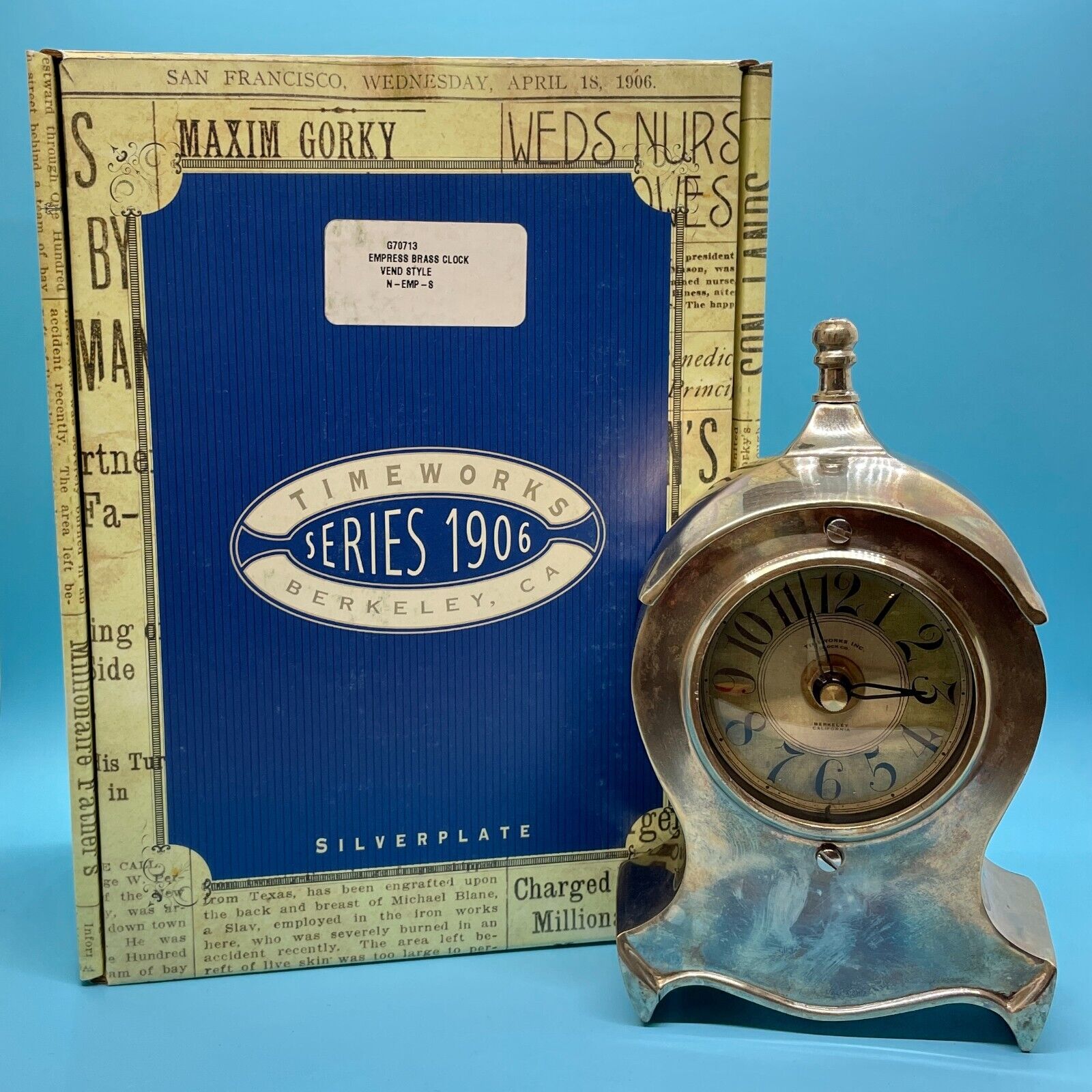 VTG Timeworks Series 1906 Brass Silver Plate “Empress” Style Clock Original Box