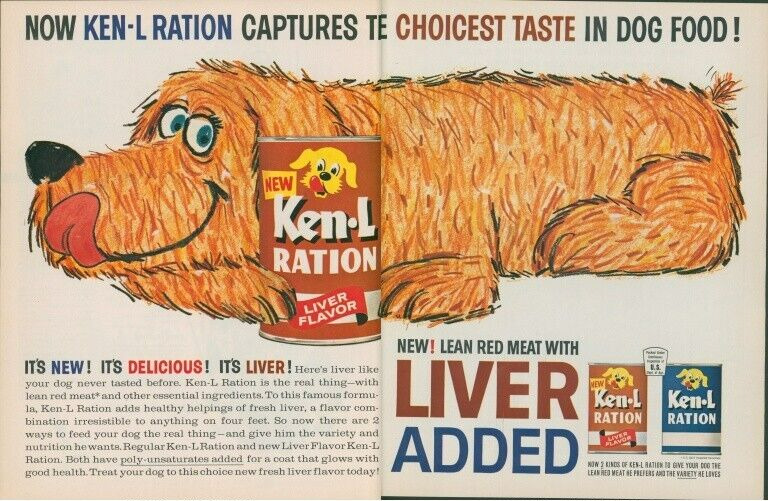 1963 Ken L Ration Dog Food Liver Flavor Cartoon Blue Eyes Vintage Print Ad LO8