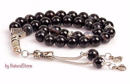 REAL Black Agate Stone Islamic Prayer 33 beads Tasbih Misbaha Rosary Tasbeeh 8mm