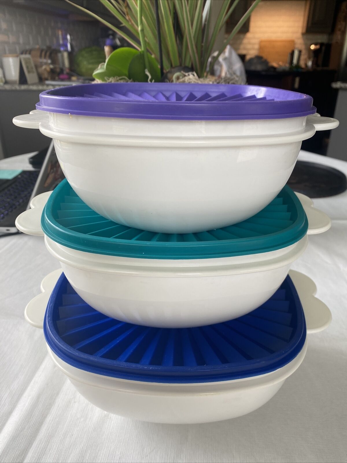 Vint. Tupperware Servalier Butterfly Tab Stacking Nesting Bowls w/ Lids Set of 3