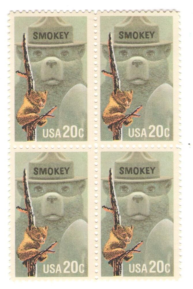 Smokey the Bear 39 Year Old Mint Vintage US Postage Stamp Block from 1984