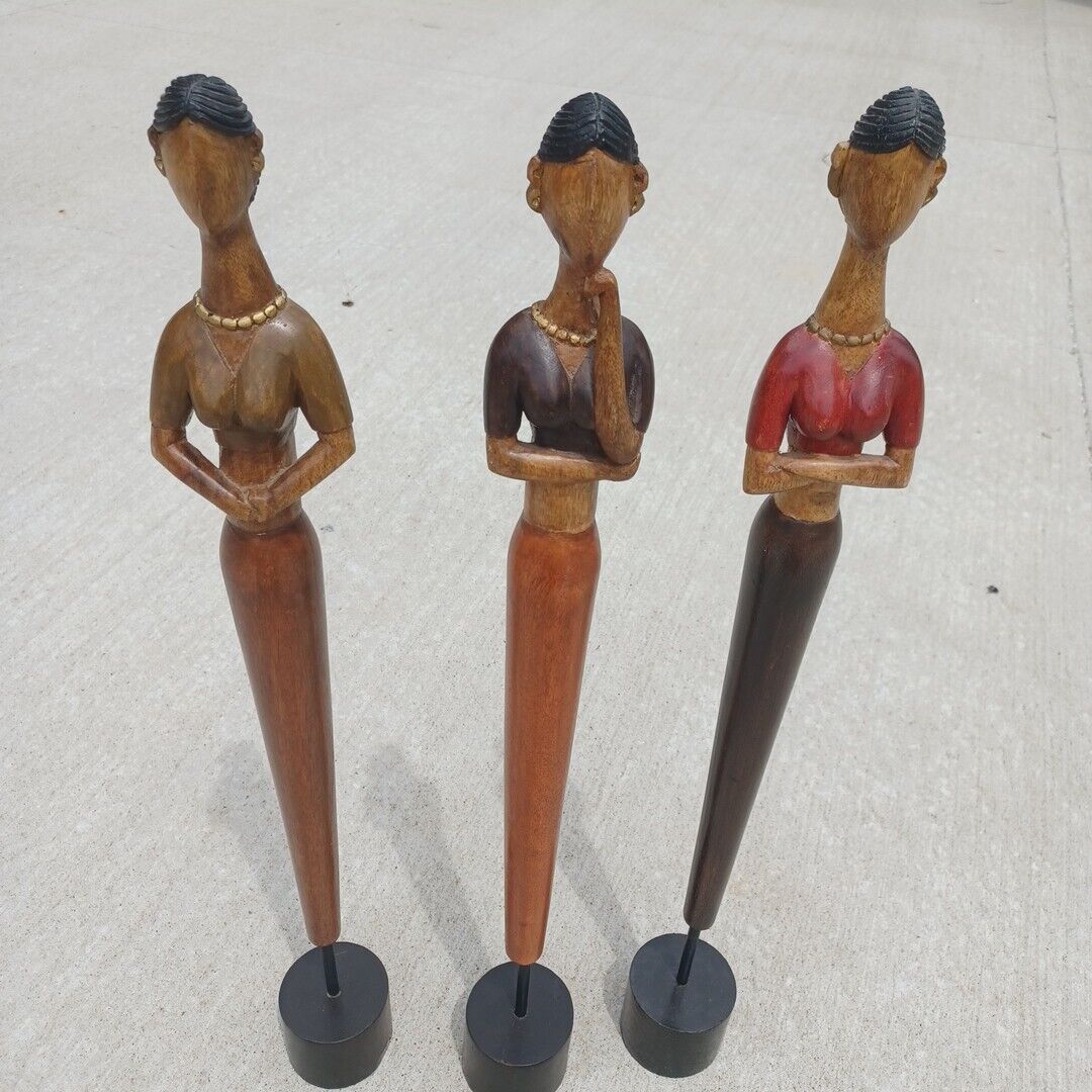 Pier 1 One set of 3 Tall India 3403401 Ethnic wood carved ladies decor 26\
