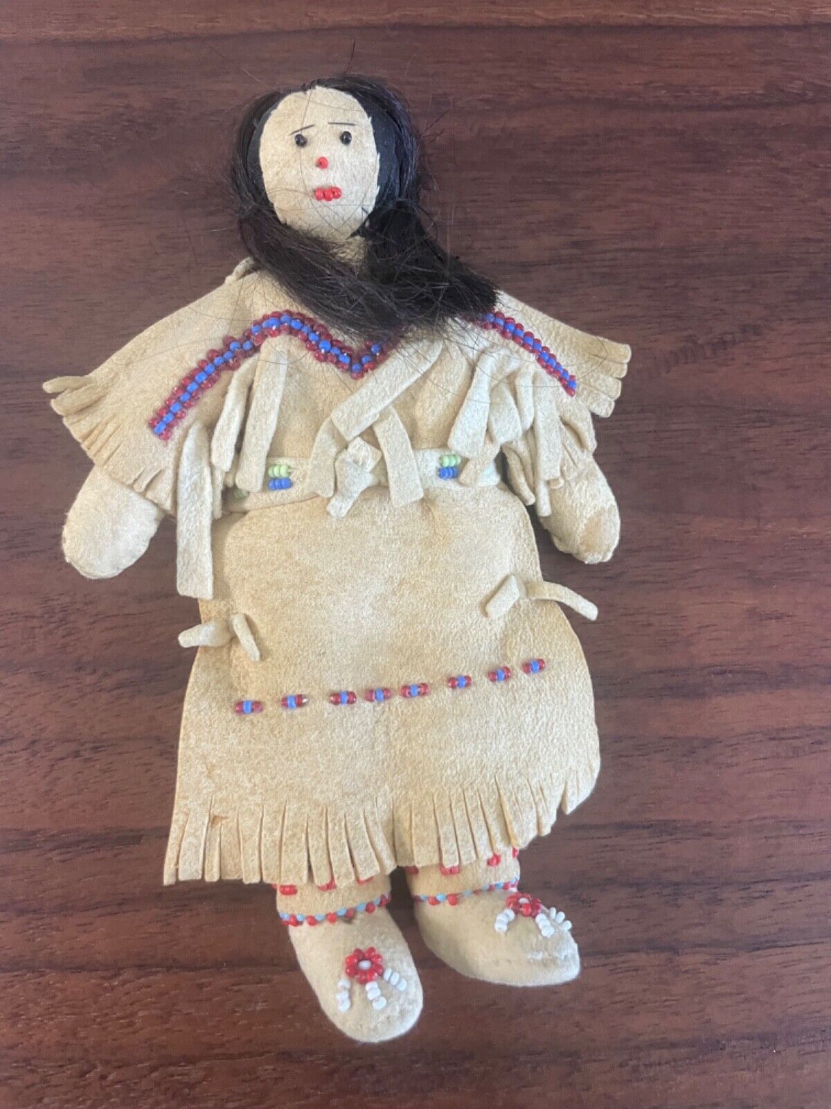 Vintage Native American Indian Doll leather real hair. 6 inches Tall (N)