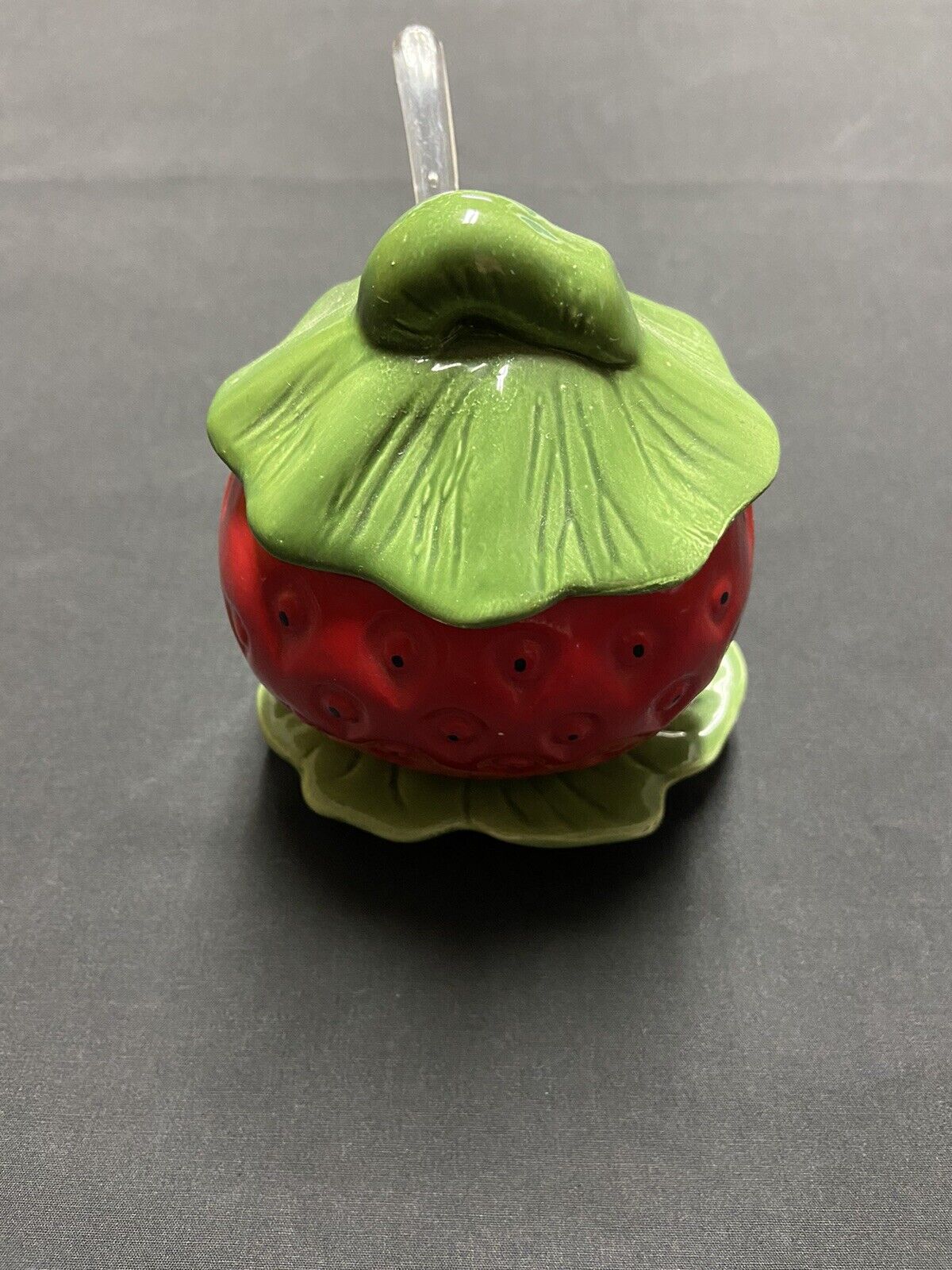 Vintage Ceramic Strawberry Jelly Jam Preserves Jar Holder/Spoon 4 1/2” tall