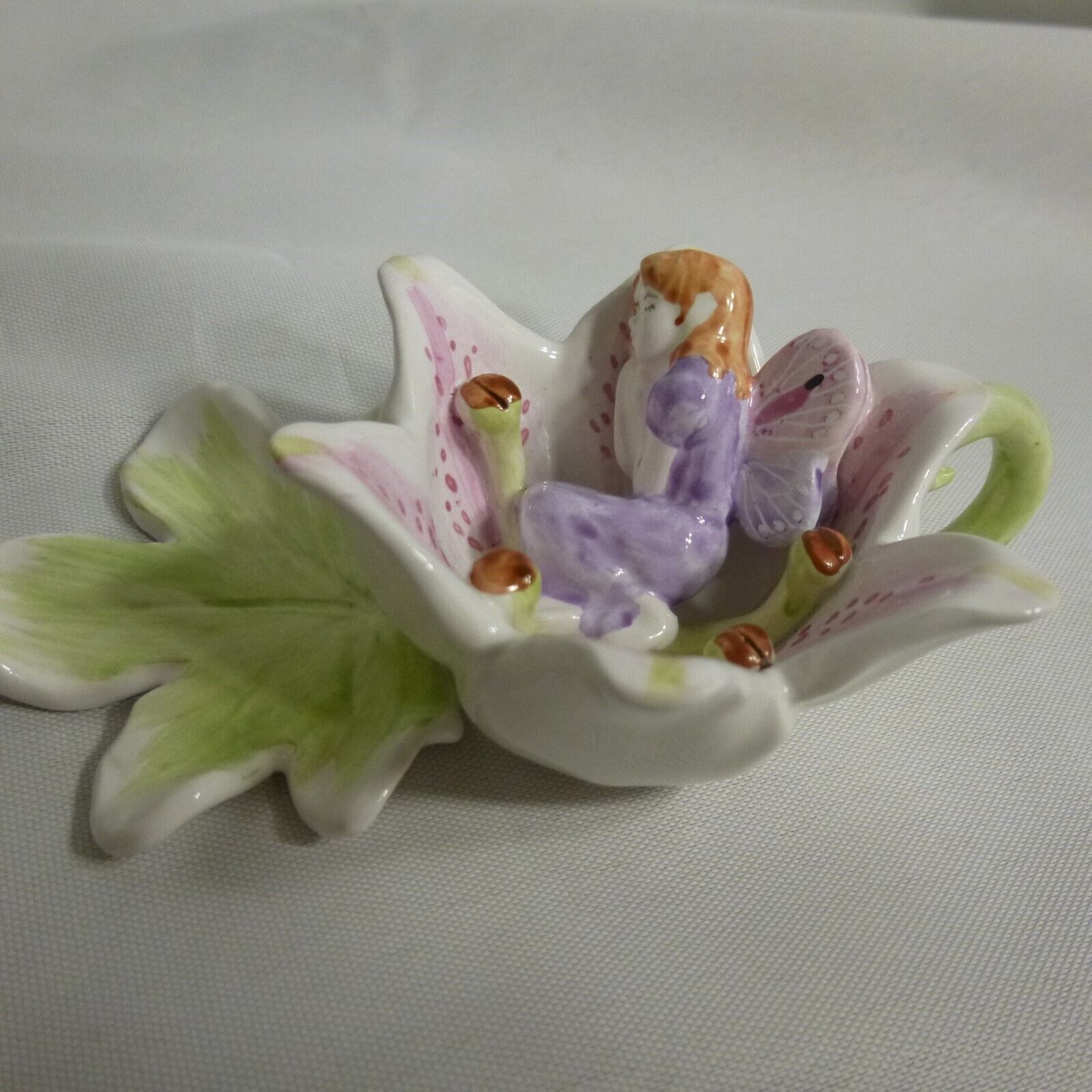 KHIEN miniature decorative 2 piece flower w leaf and Fairy, Ceramic - NEW