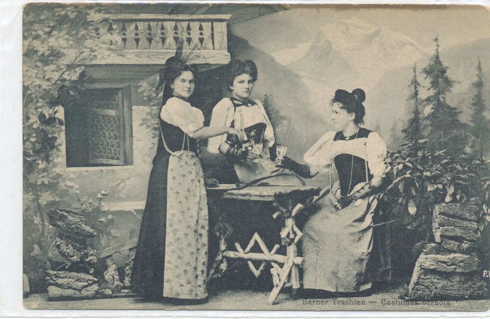 Women sharing a drink - Berner Trachten - Costumes Bernois postcard
