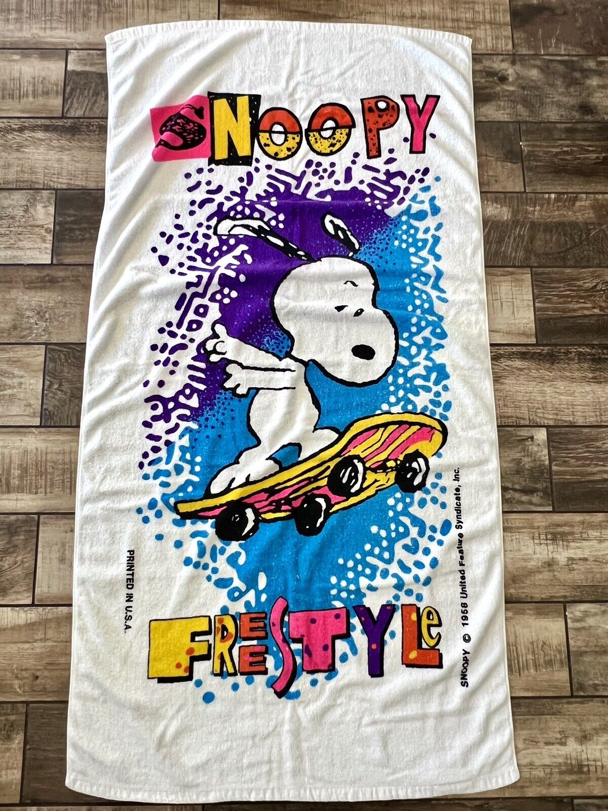 Vintage 1985 Franco Snoopy Beach Towel Snoopy Skateboarding 54\