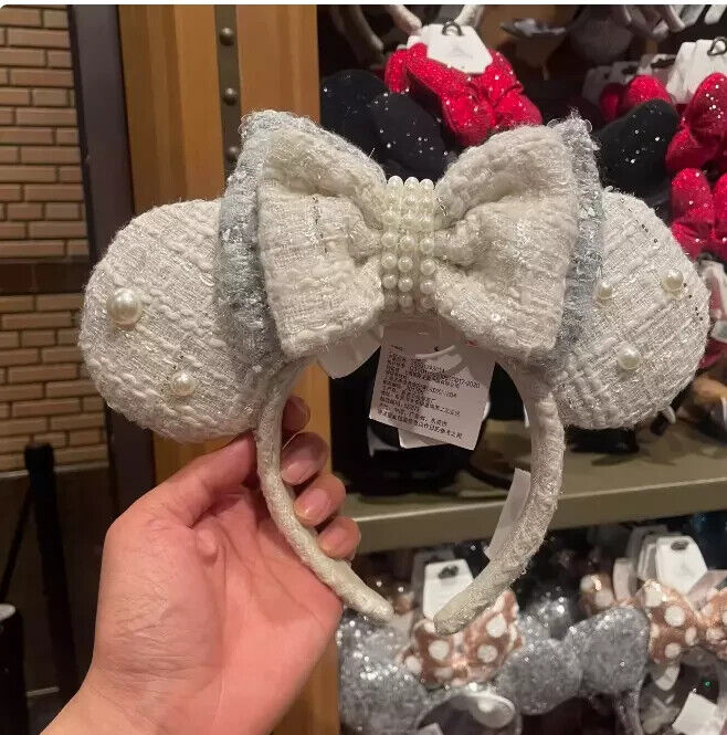 2024 Authentic Shanghai Disney parks white pearls ear bow Minnie Headband