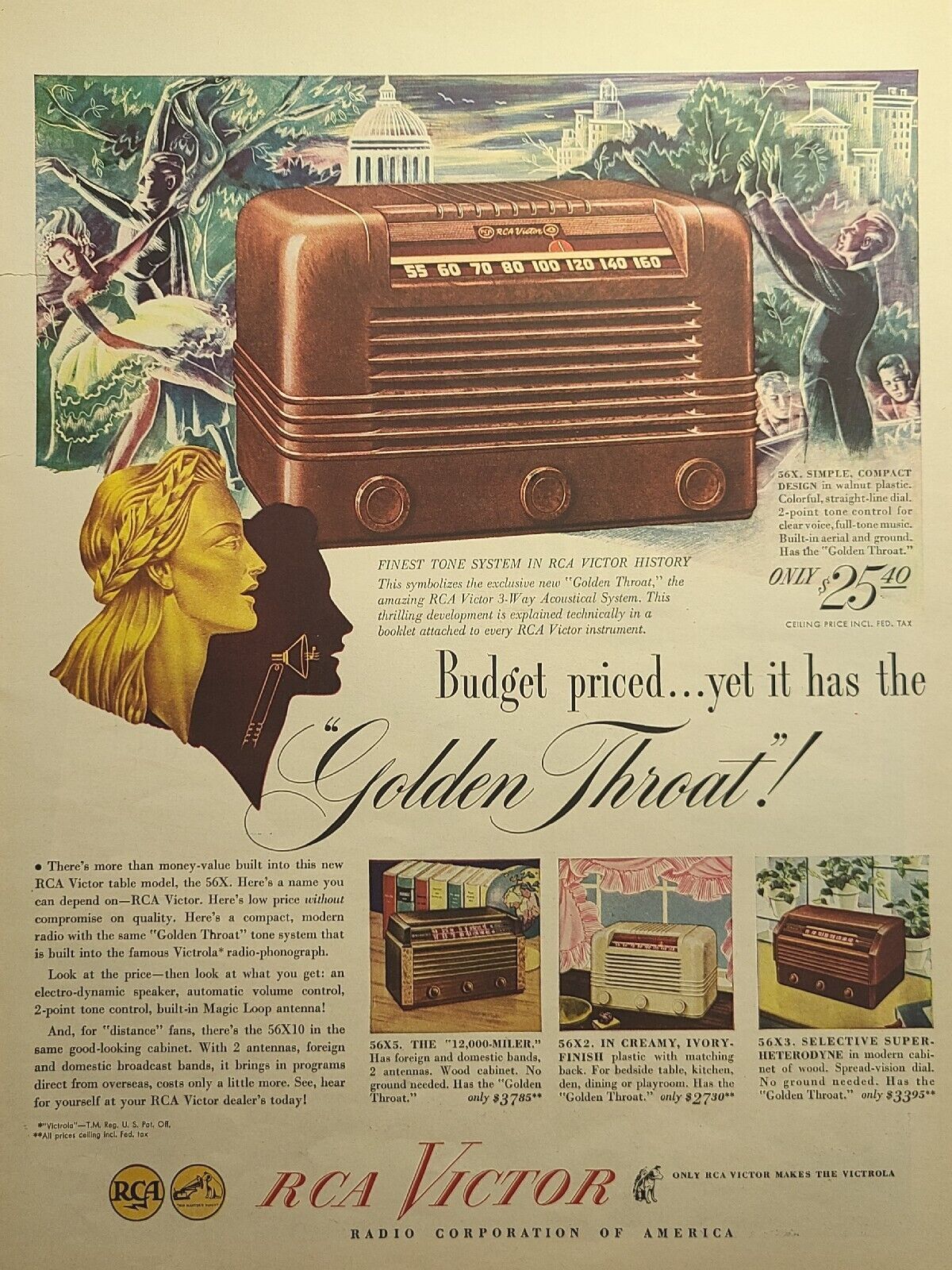 RCA Victor 56X Series Golden Throat Radios Vintage Print Ad 1946 **Descr.