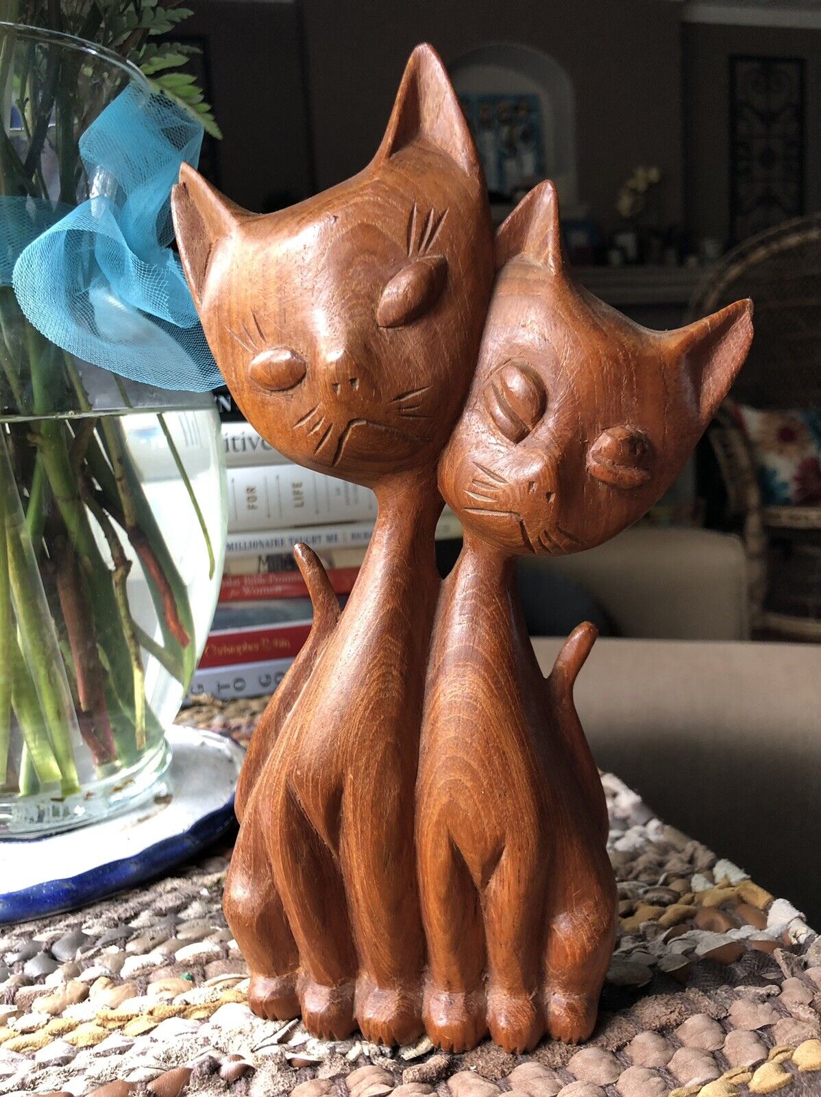 Vintage MCM Mid-Century Modern Wooden Cat sculpture figurine 2 Cats