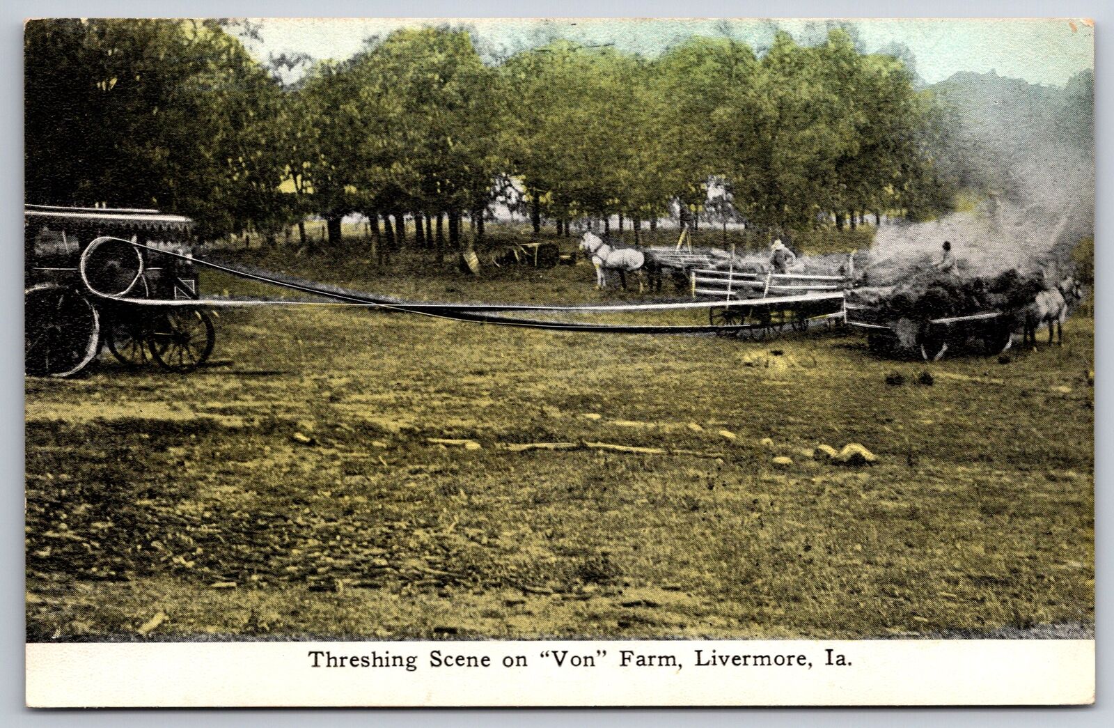 Livermore Iowa~”Von” Farm Threshing Scene~Horses~Machinery~c1910 Postcard