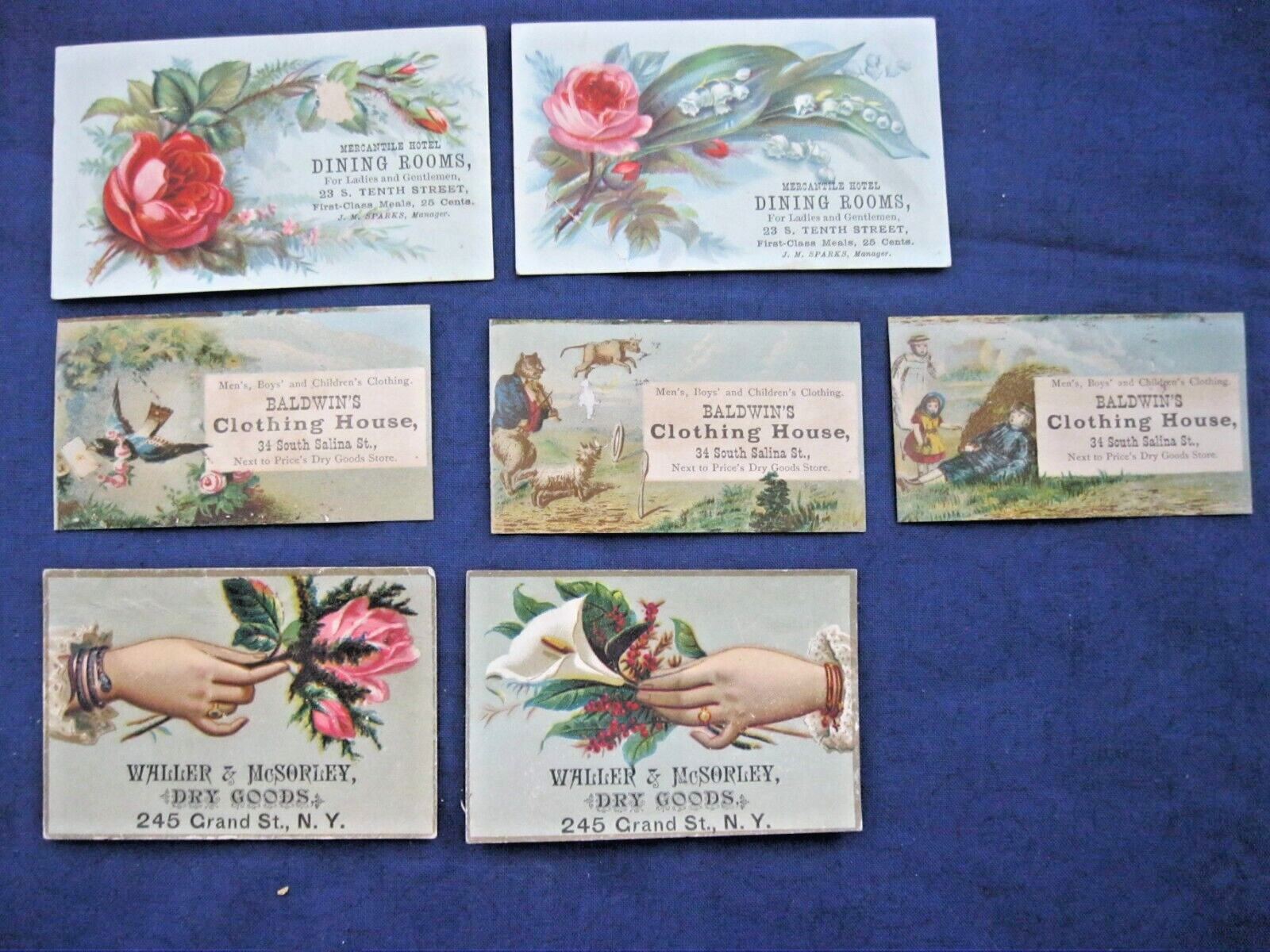 Victorian Business Trade Cards NY Mercantile Hotel J.M Sparks Waller McSorley PP