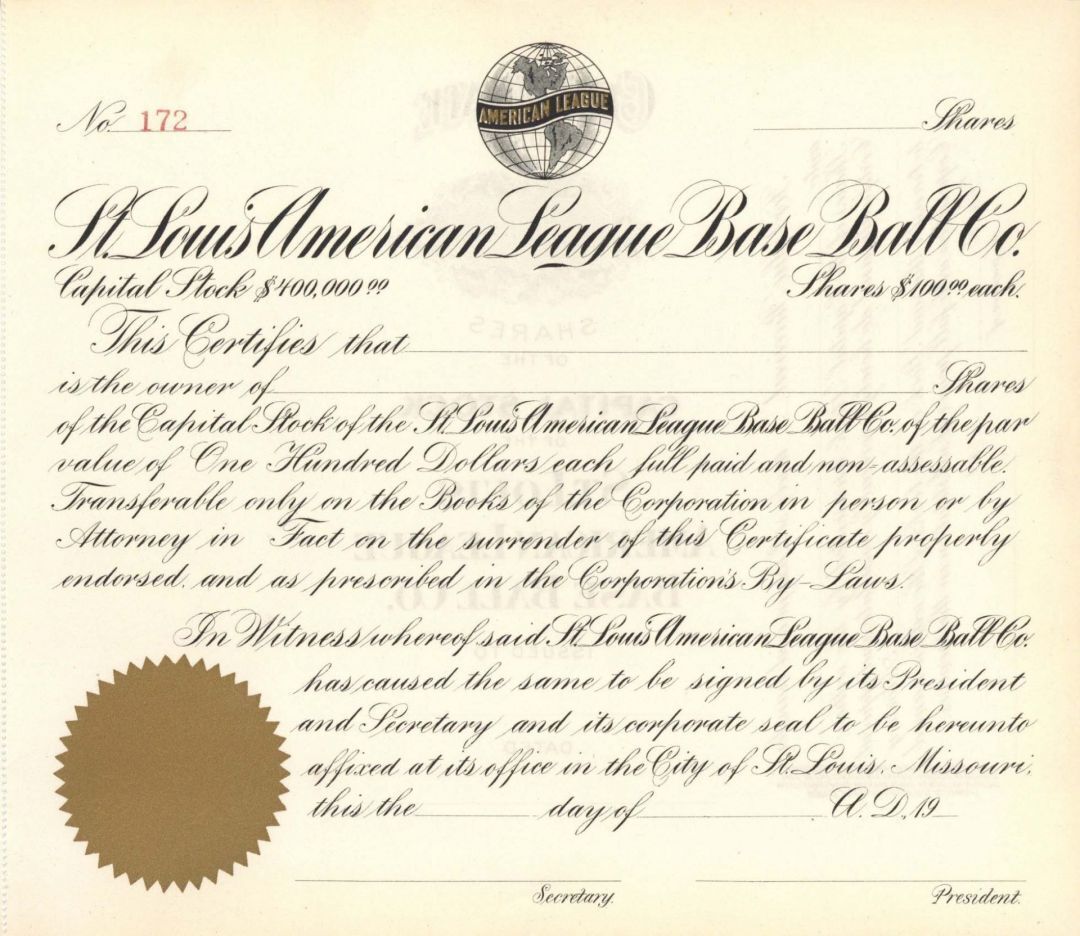 St. Louis American League Base Ball Co. - 1900's Unissued Baseball Stock Certifi