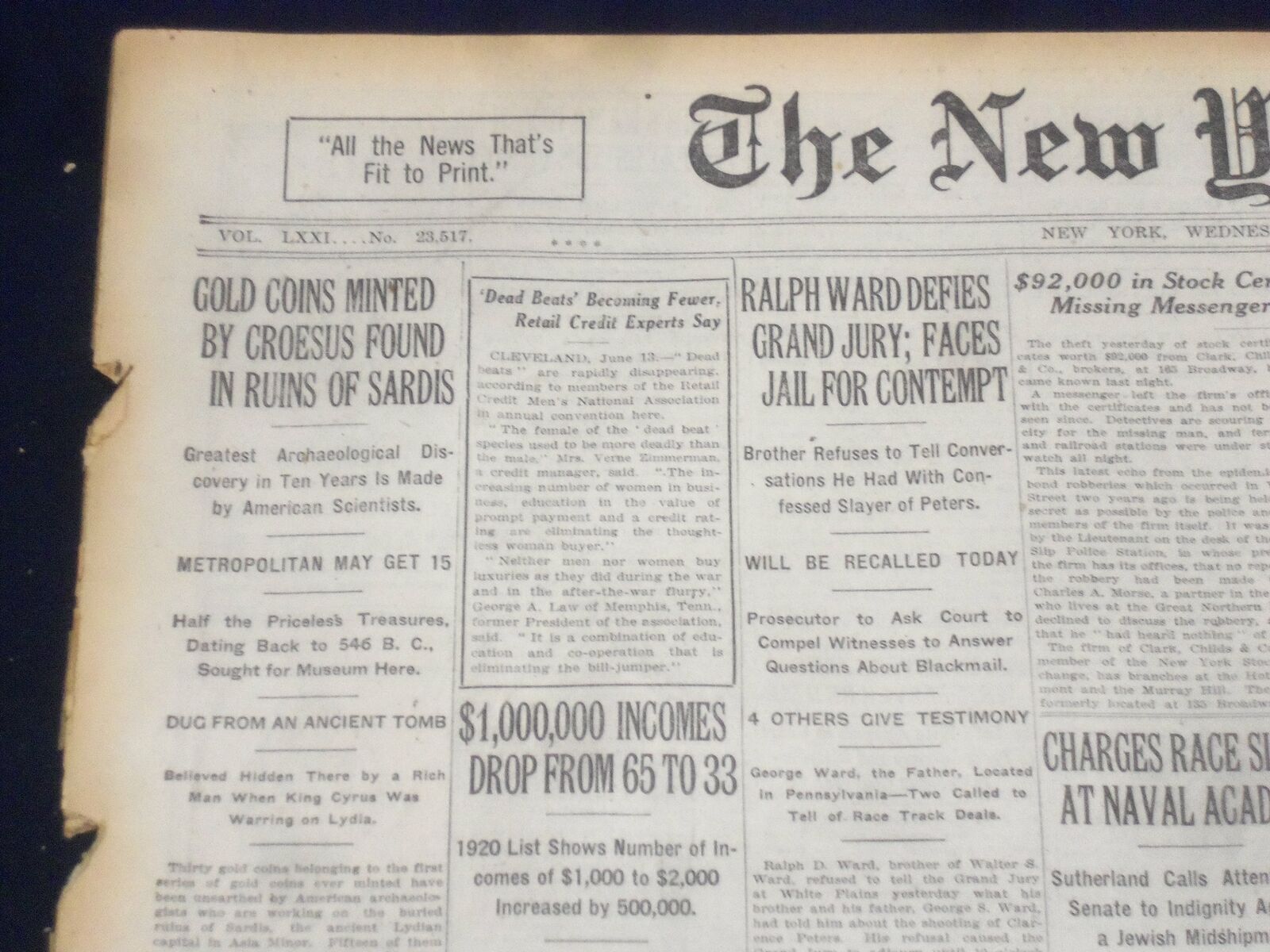 1922 JUNE 14 NEW YORK TIMES - GOLD COINS BY CROESUS FOUND AT SARDIS - NT 8400
