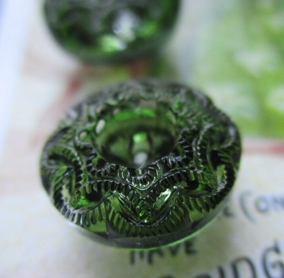 Set of 4~ Vintage 1/2” Green  lacy Glass Buttons~1920's underpainted NOS