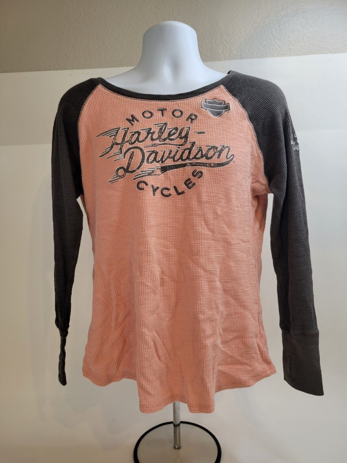 Harley-Davidson Peach & Gray Thermal Long Sleeve Pullover Shirt Size Large
