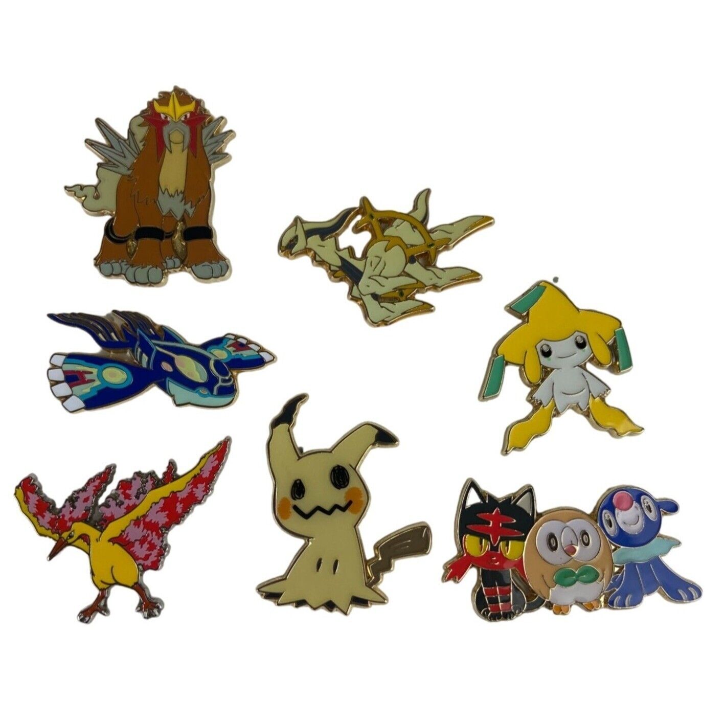 Pokemon Pins Sets of 7 Kryogre Moltres Mimikyu Arceus Jirachi Entei Rowlet Litte