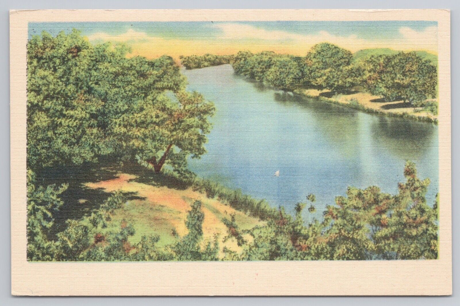 Vintage Postcard Scenic River View Trees Linen