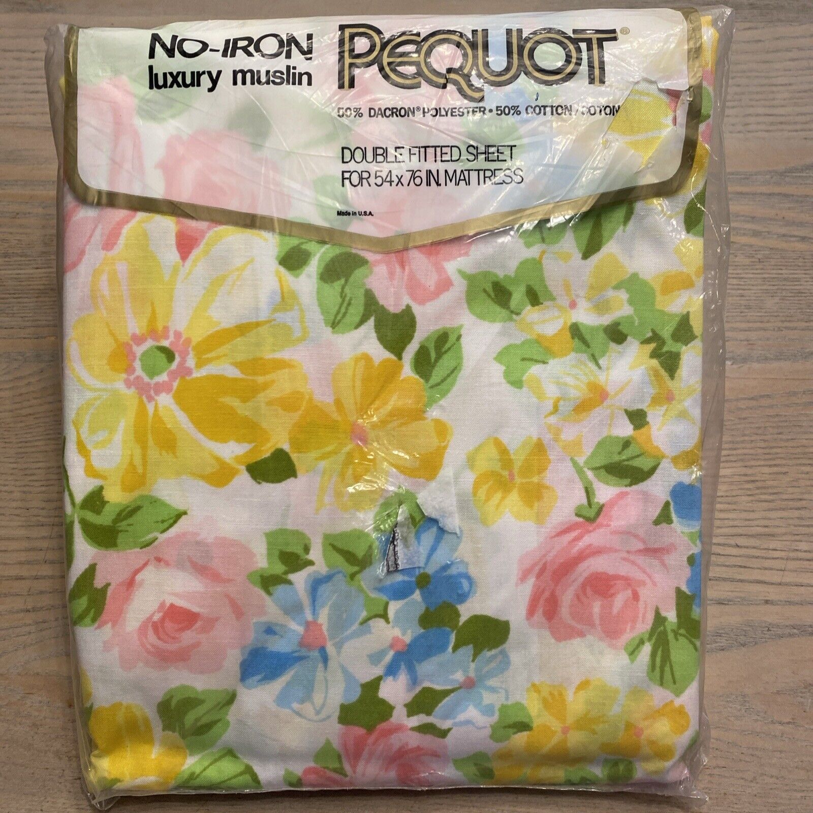 Vtg Pequot No Iron Luxury Muslin Double Fitted Sheet 54x76 Pink Yellow Floral