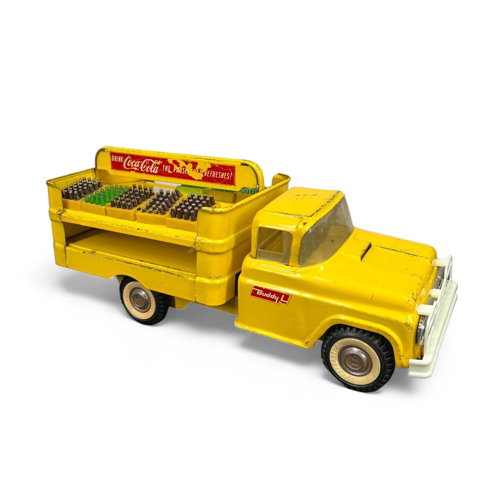Vintage Buddy L Coca Cola Bottle Delivery Truck Pressed Steel Yellow