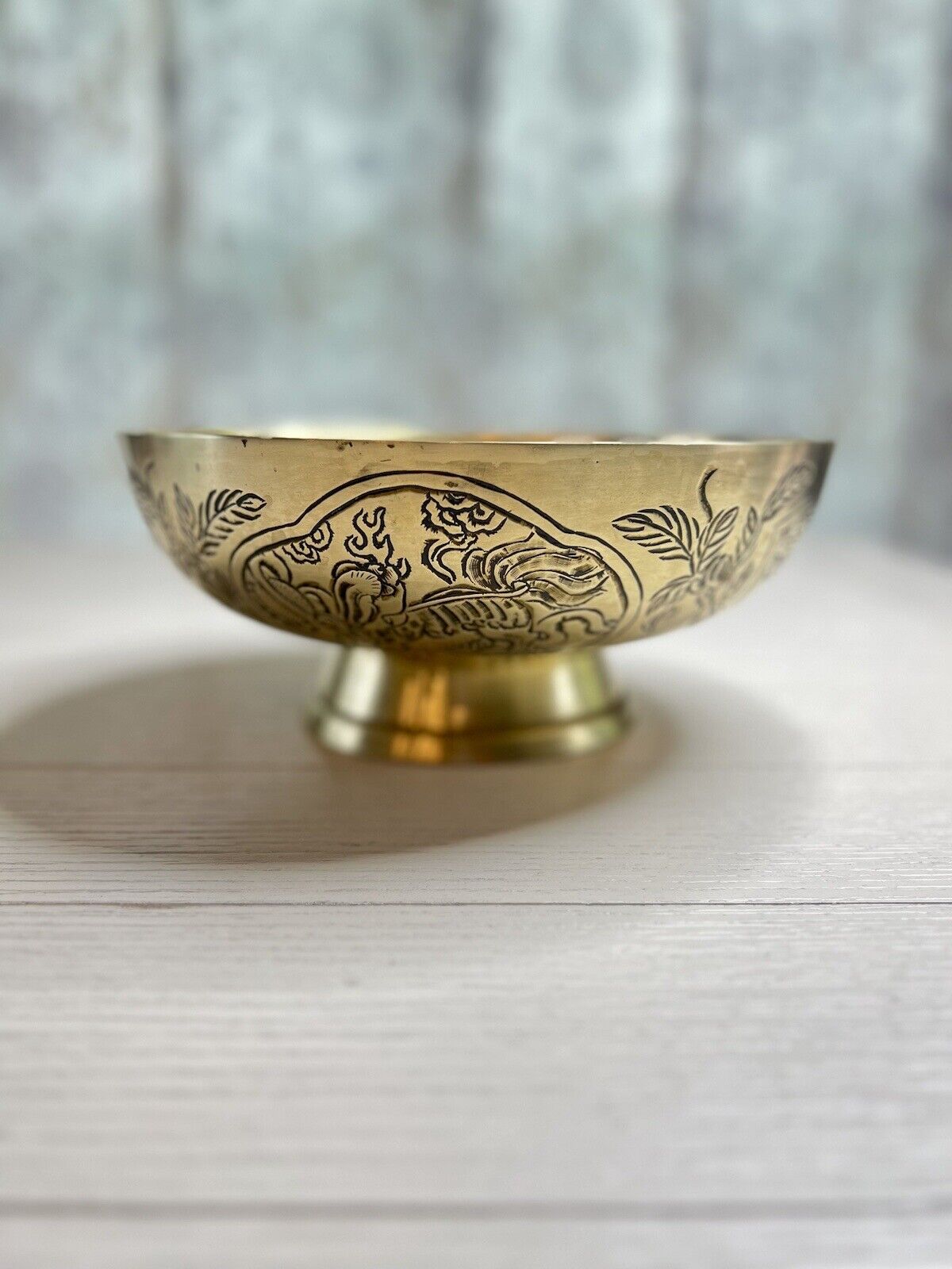 Chinese Solid Brass Footed Bowl Etched w/ Chinese Dragon Signed Asian Decor 10”