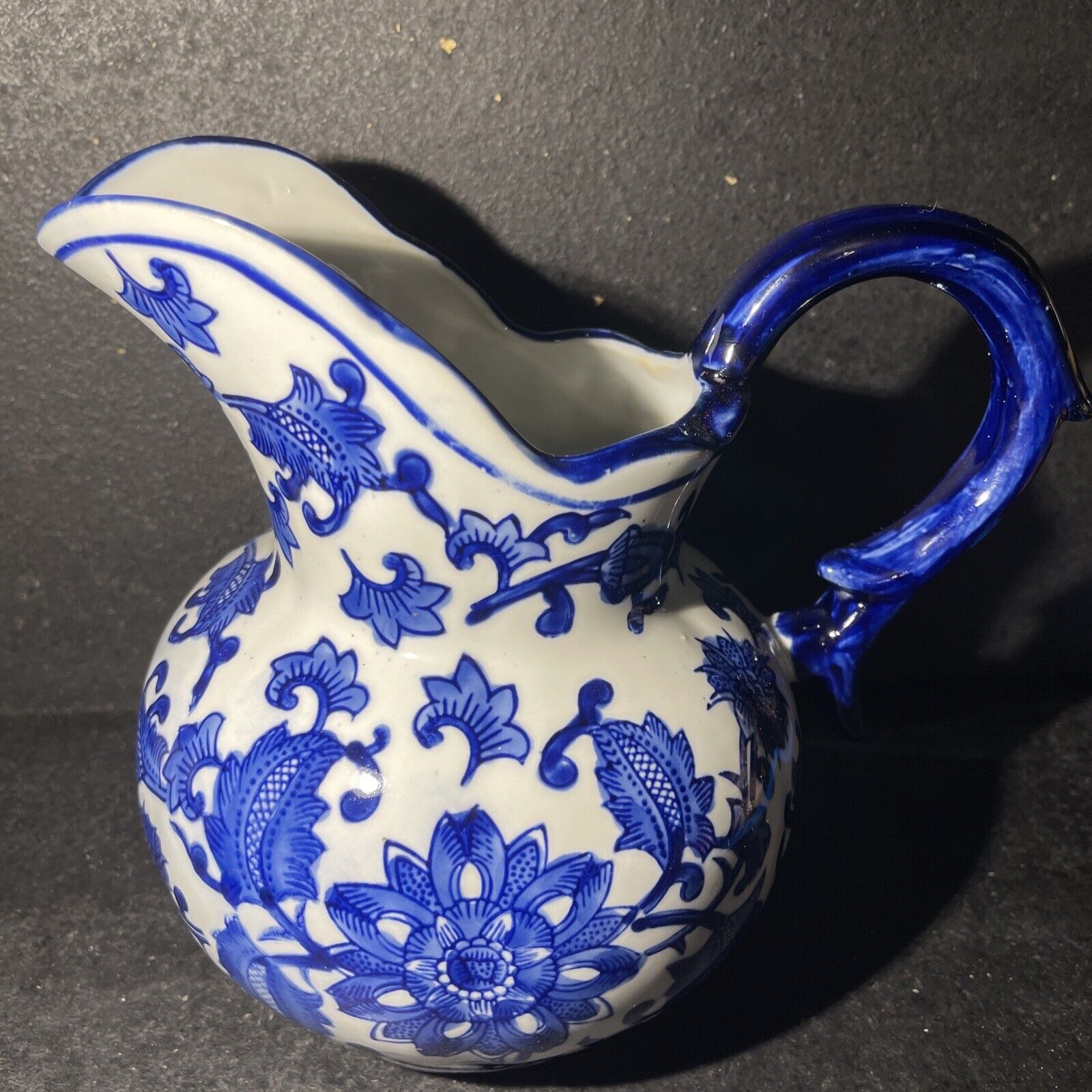 VTG Large Approx 7 In X 9’W Blue Floral/ White Porcelain Pitcher