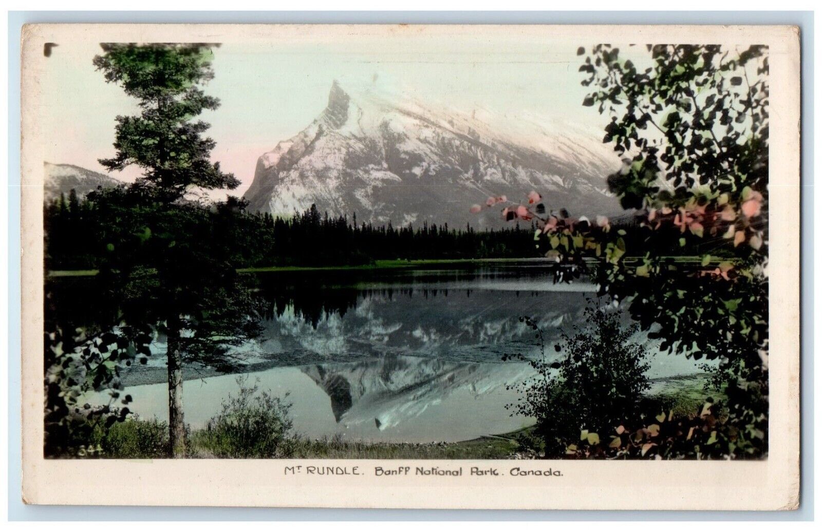 1941 Hand Colored Mt. Rundle Banff Park Alberta Canada RPPC Photo Postcard