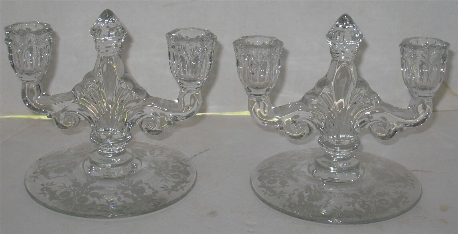Pair (2) Vintage Etched Glass Double Taper Candlesticks Candle Holders