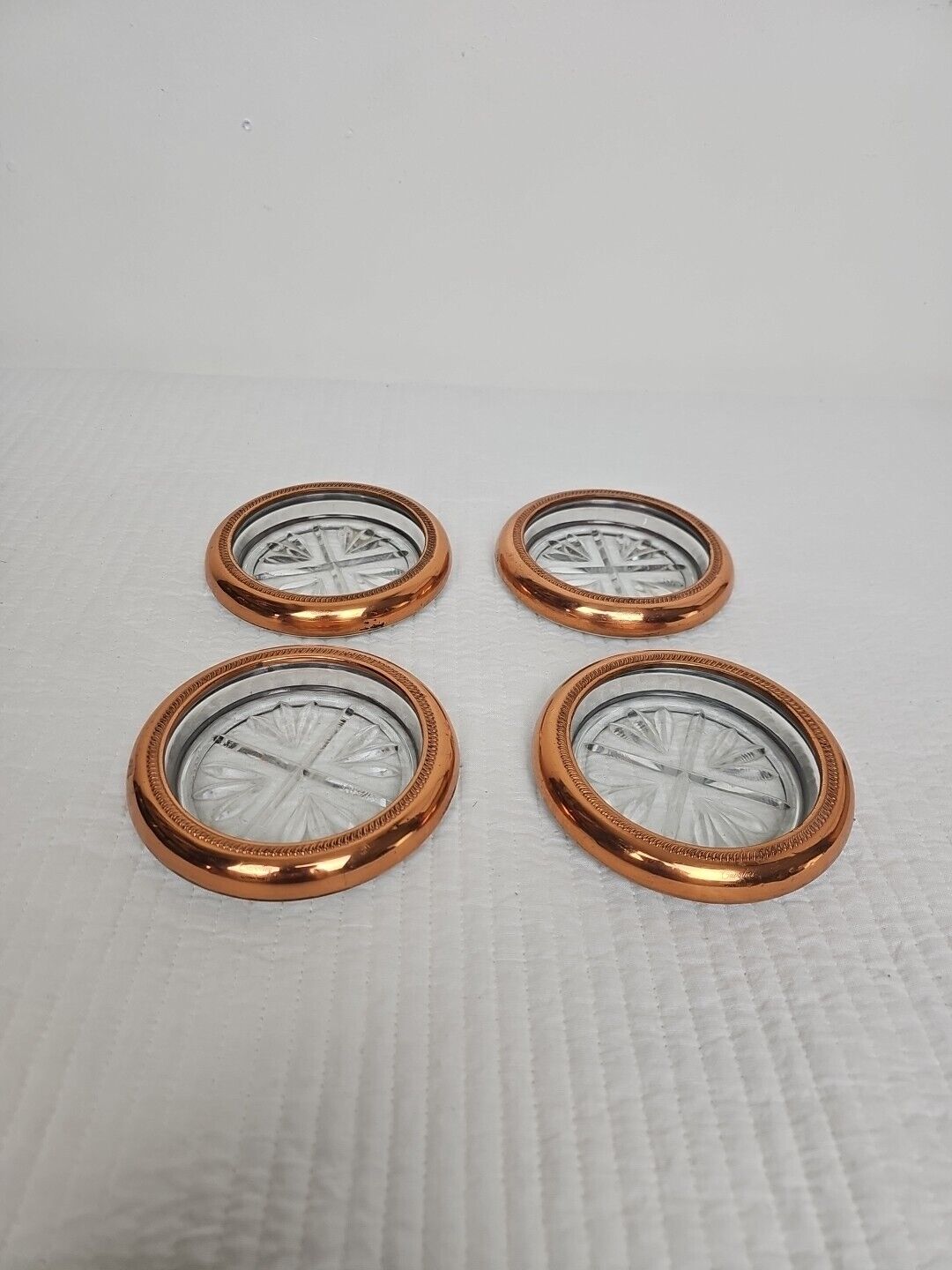 SET OF 4 Vintage 1920’s-30’s Cavalier By National Copper Glass Coaster Ashtray