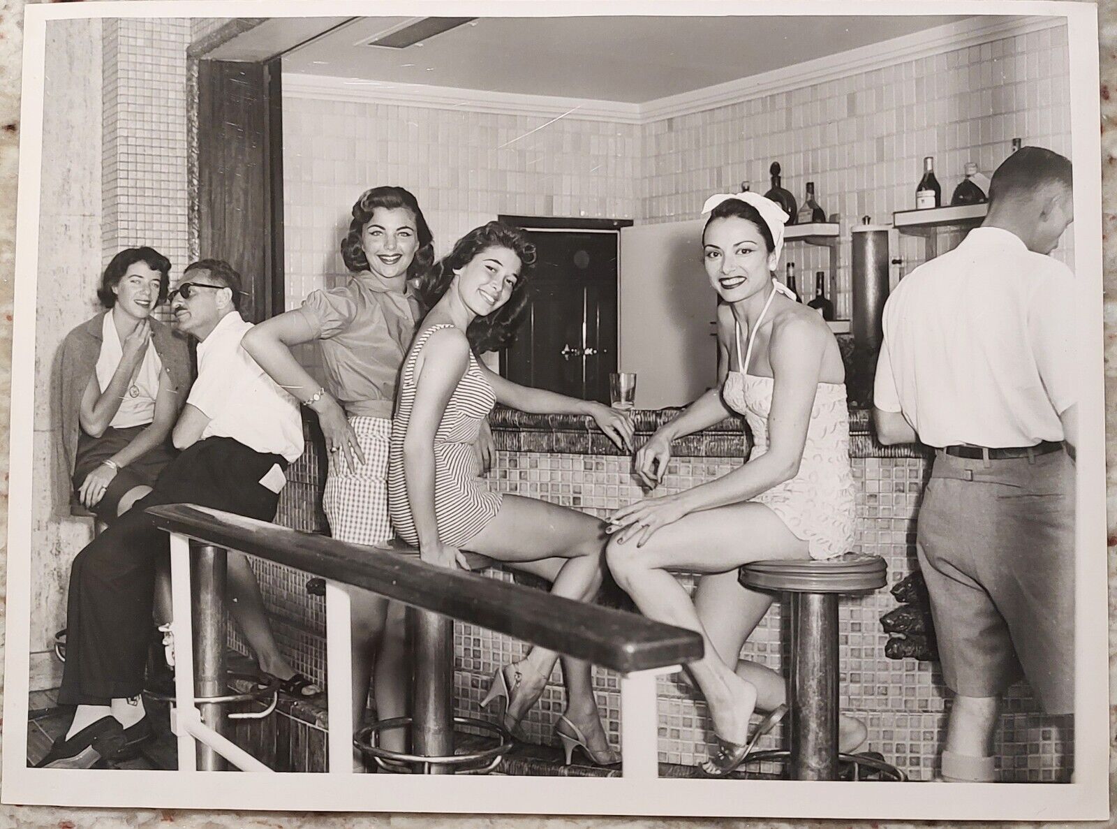SS Flandre Ocean Liner Photo Souvenir Women Pool Bar Bikinis 1950s Vintage