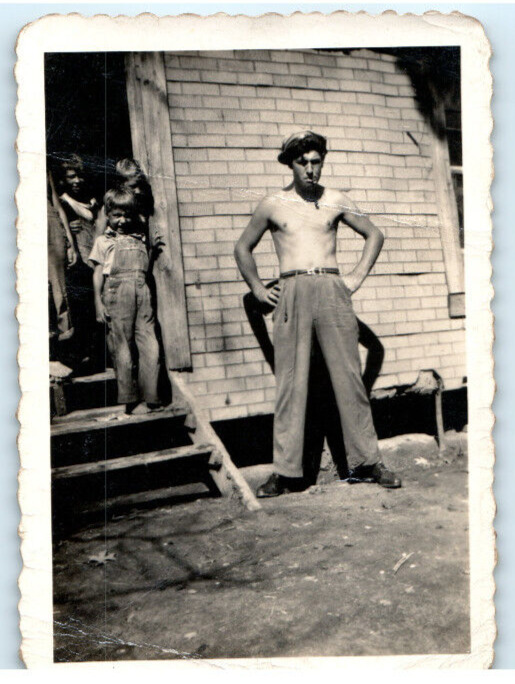 Vintage Photo 1930s, Shirtless Man, Backyard, Wearing Jeans, Smoking, 3.5 x 2.5