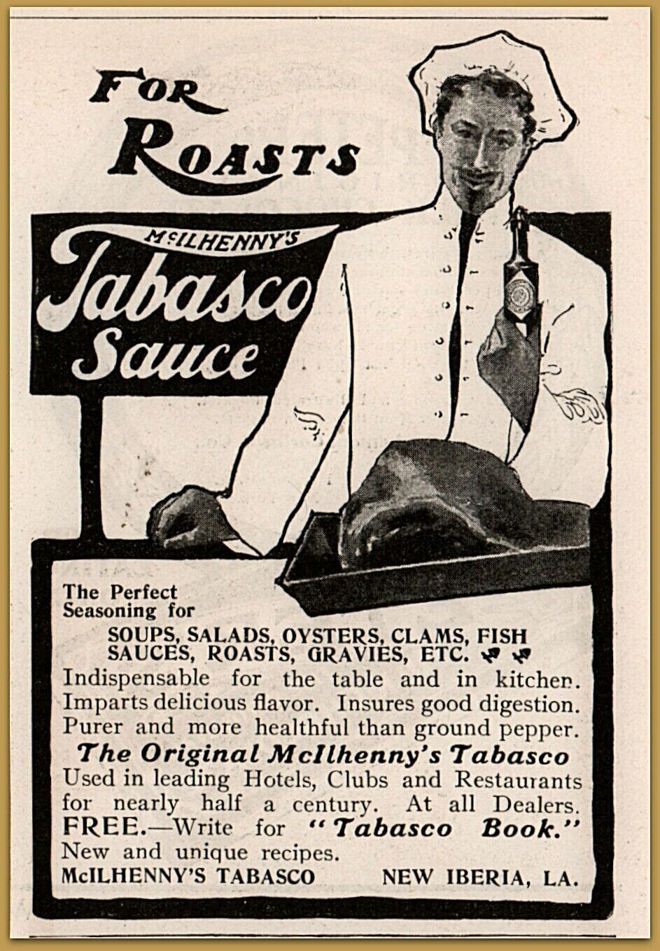 1904 d Tabasco Sauce for Roasts Chef Hat Bottle McIlhenny\'s Print Ad