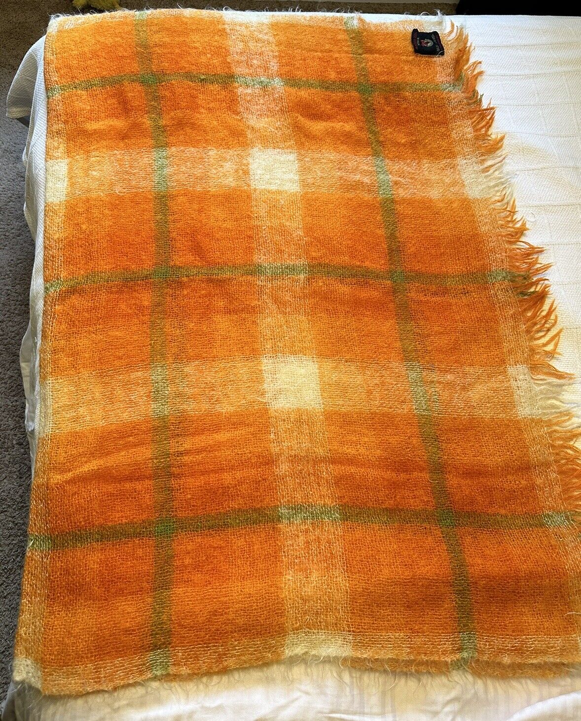 Vintage Heather Glen Orange Fringe Throw Mohair And Wool Blanket 48x66