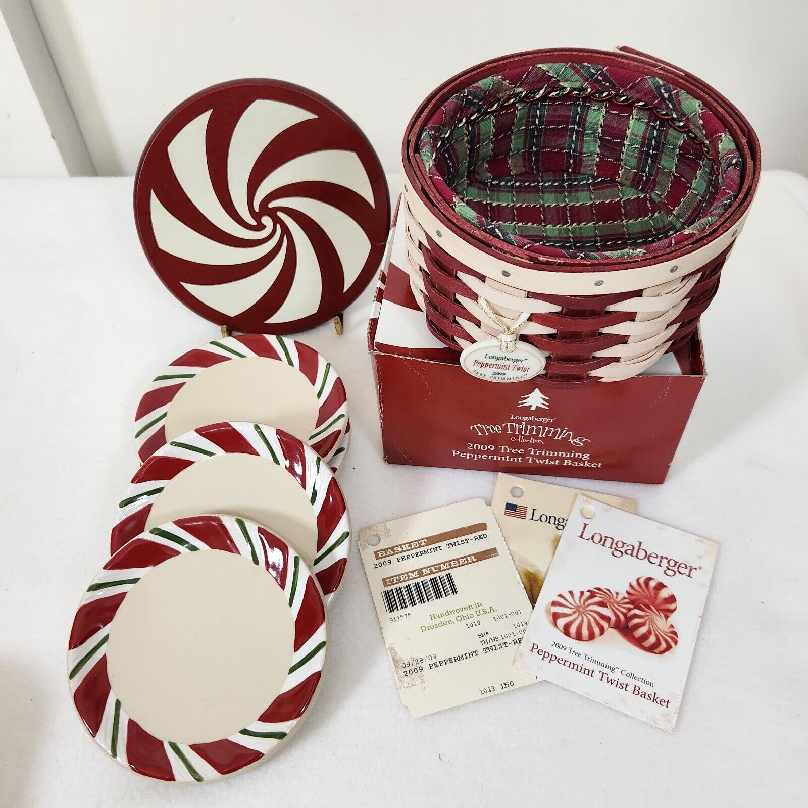 Longaberger 2009 Tree Trimming Peppermint Twist Basket+Coasters+Liner+Tie On+Box